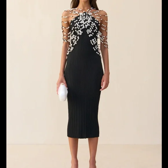 Cult Gaia Cecelia knit Black Strapless Dress with Pearl Accents - Picture 2 of 3